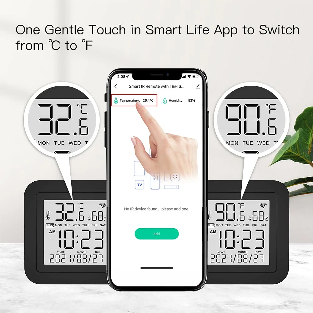Smart Temperature Humidity Monitor with IR Remote Control, Tuya WiFi Temperature Humidity Sensor with LCD Display for Home_Code: IUR