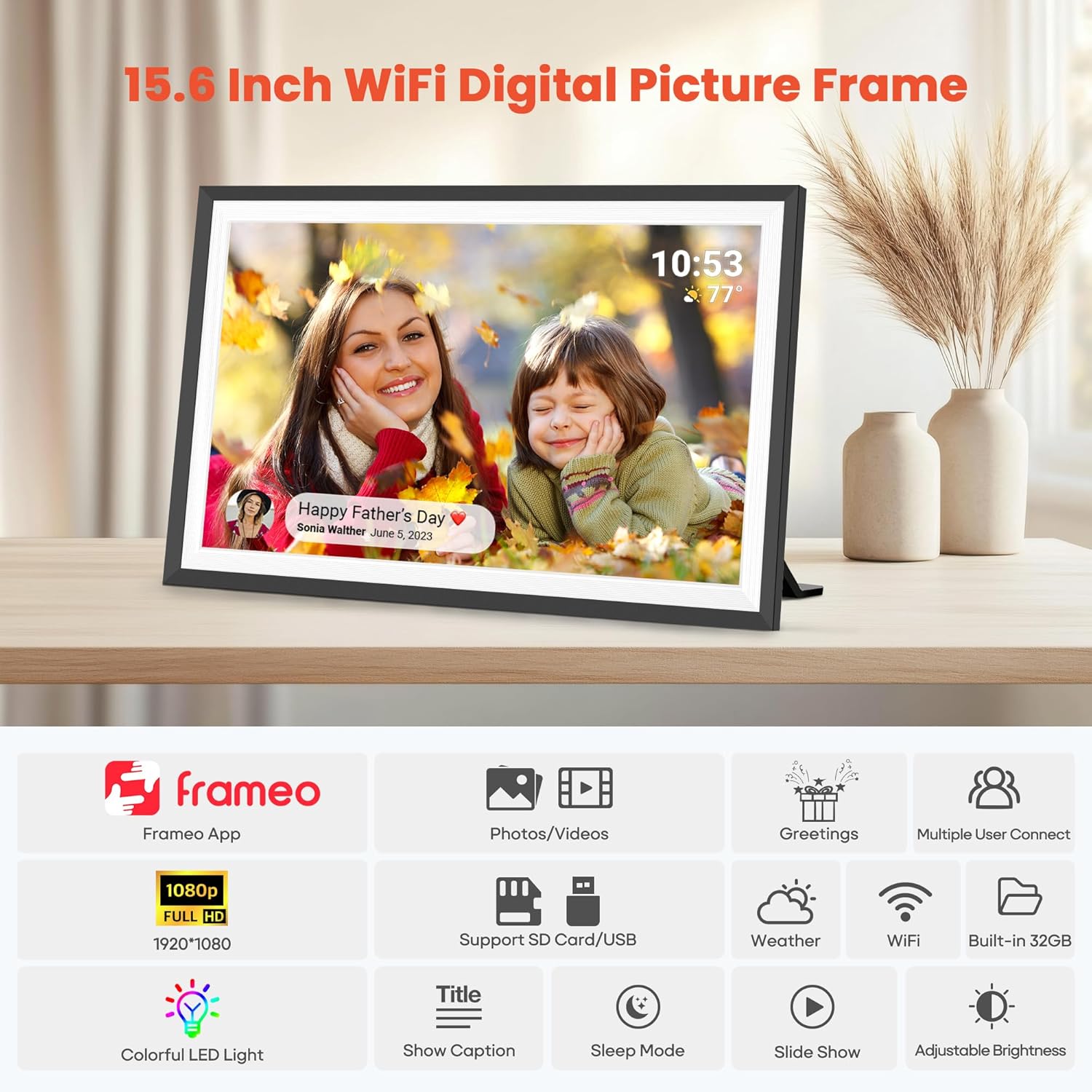 Digital Picture Frame 15.6 Inch Large Digital Photo Frame with 1920 * 1080 IPS Full HD Touchscreen,