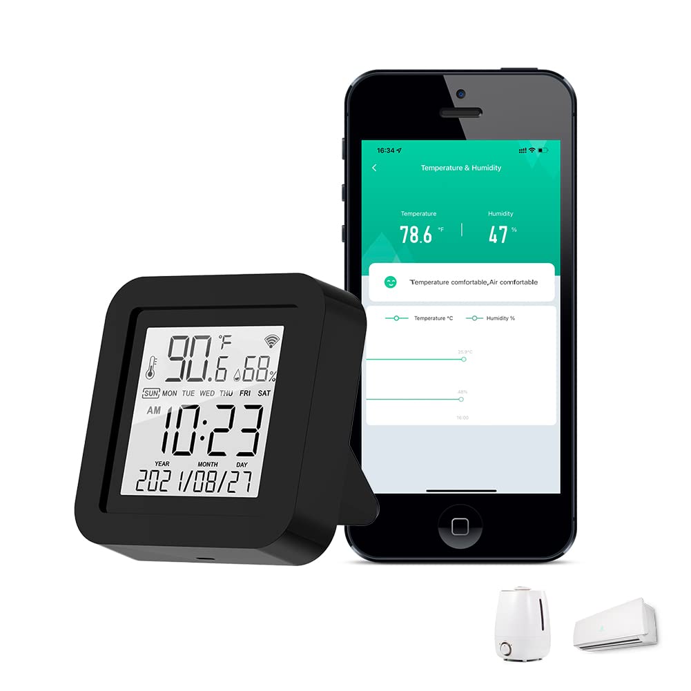 Smart Temperature Humidity Monitor with IR Remote Control, Tuya WiFi Temperature Humidity Sensor with LCD Display for Home