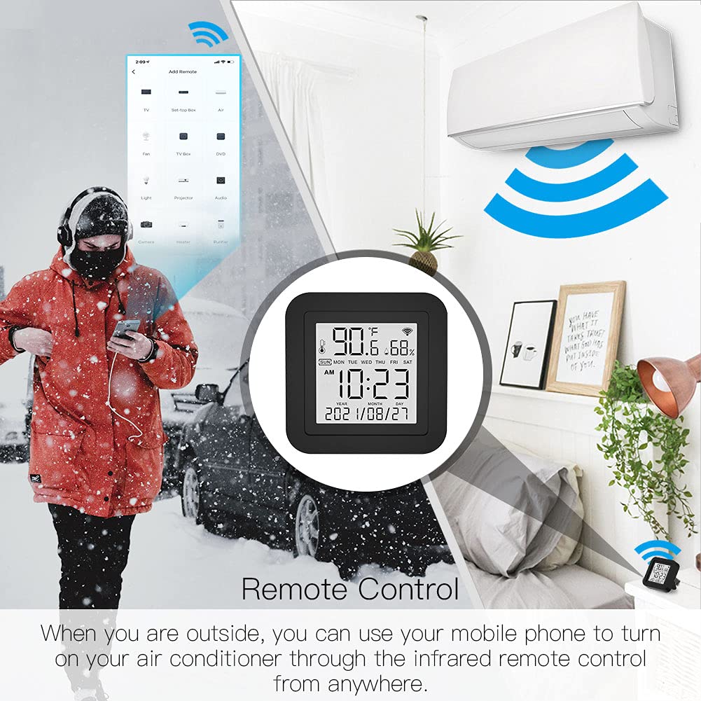Smart Temperature Humidity Monitor with IR Remote Control, Tuya WiFi Temperature Humidity Sensor with LCD Display for Home