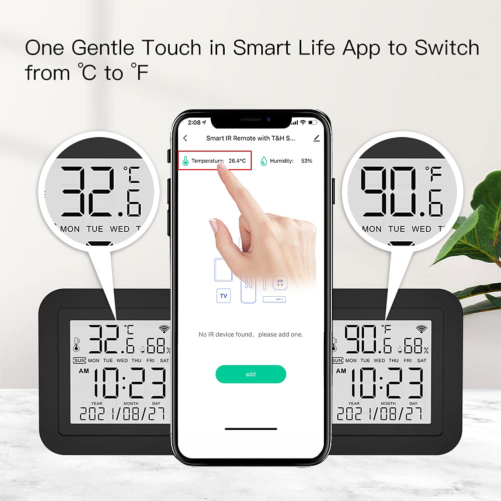 Smart Temperature Humidity Monitor with IR Remote Control, Tuya WiFi Temperature Humidity Sensor with LCD Display for Home